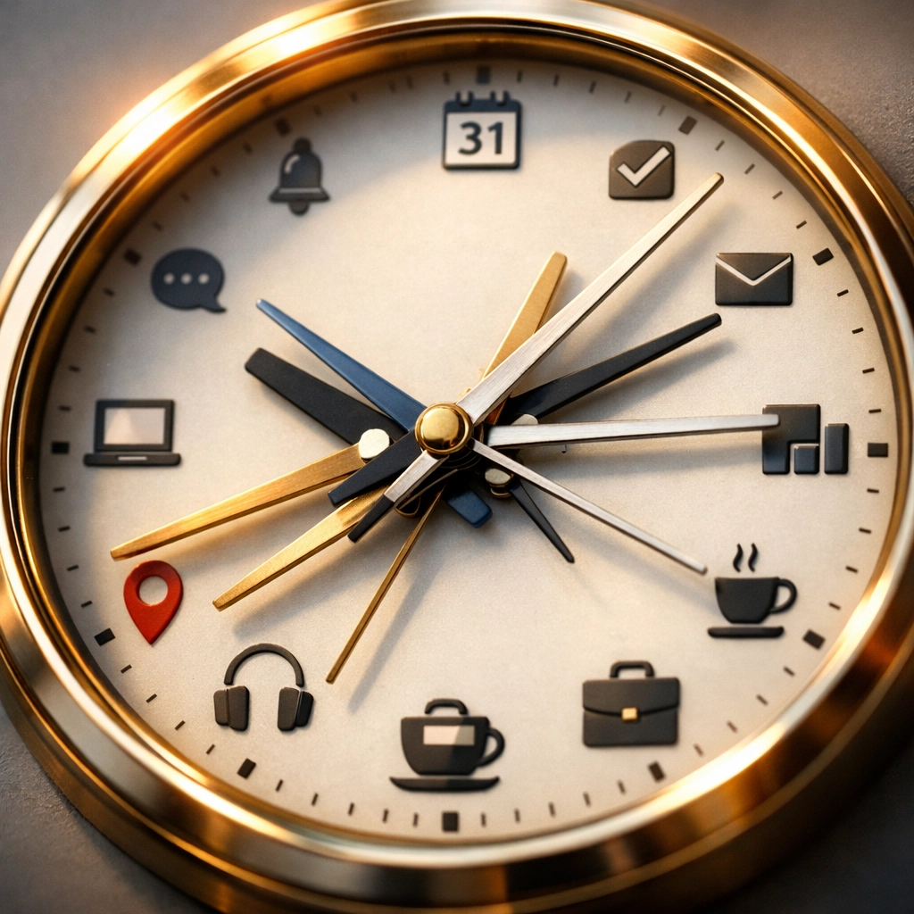 Clock face with task and calendar icons representing automated time tracking for executives