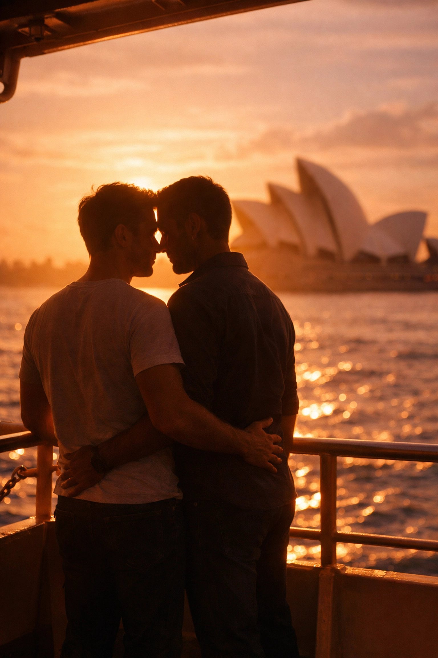 Gay couple sharing romantic moment on Sydney Harbour ferry at sunset with Opera House view