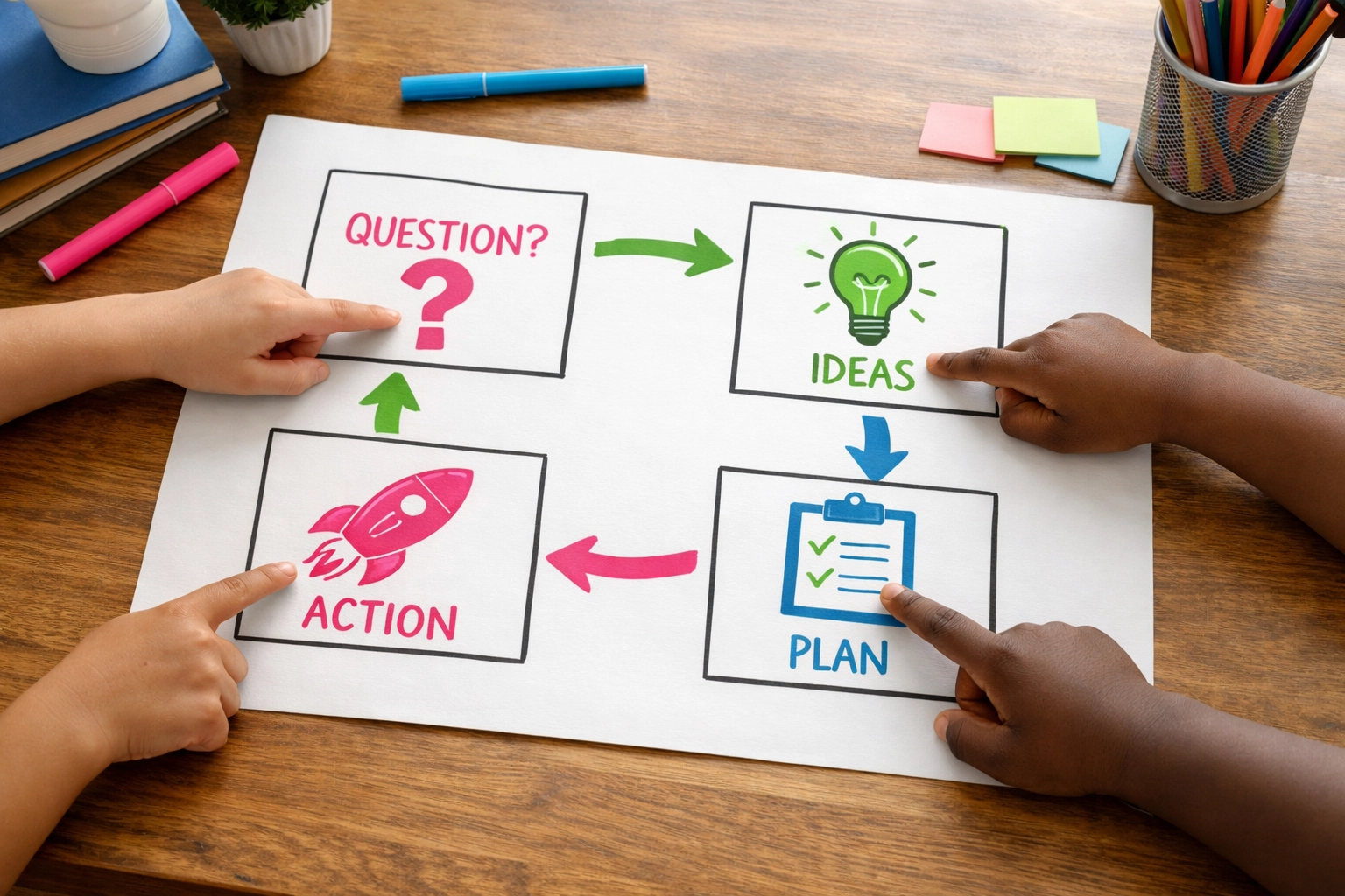 Kinderen werken met denkvierkant om verschillende invalshoeken te verkennen