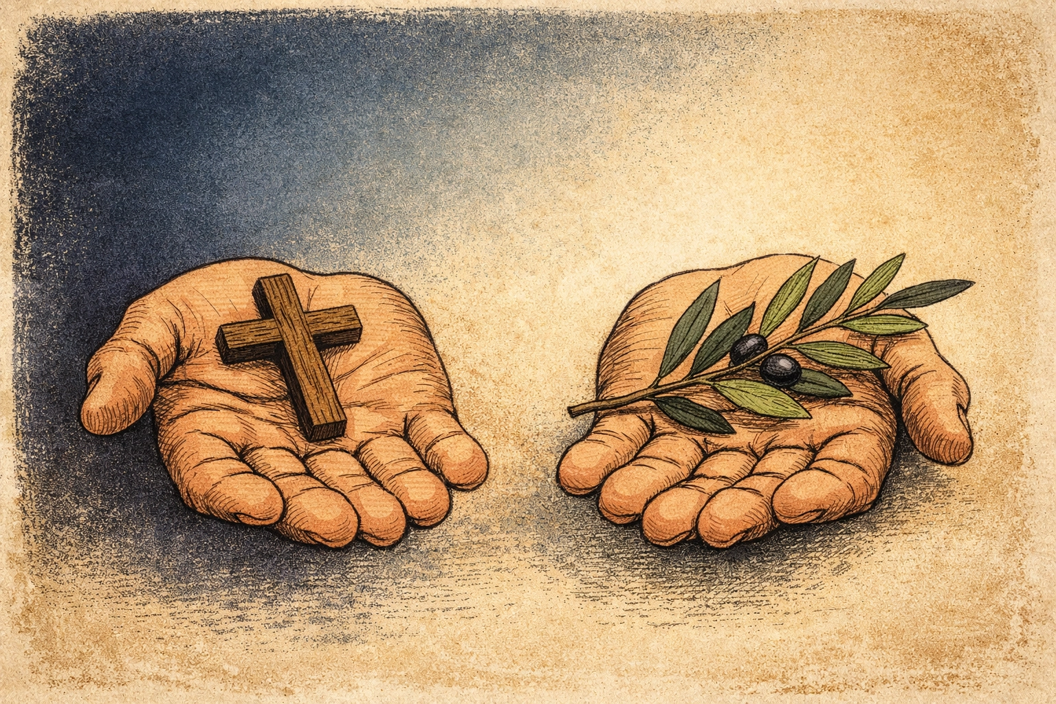 Hands holding cross and olive branch symbolizing Christian faith, peace, and grace