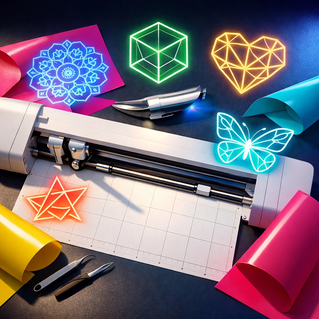 Cutting machine workspace with colorful vinyl sheets and SVG design patterns for crafting projects