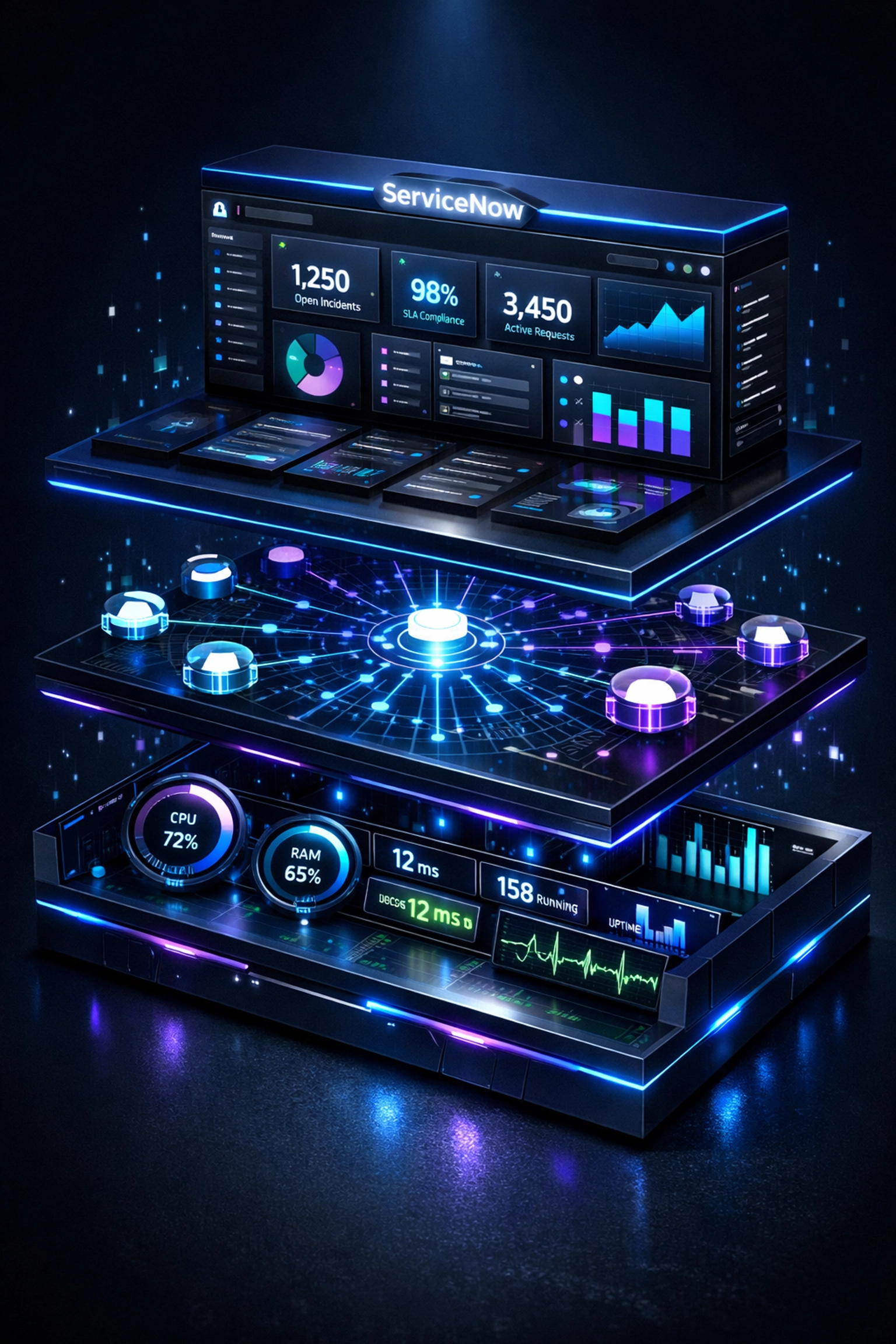 ServiceNow platform architecture showing integration layers and dashboard KPIs