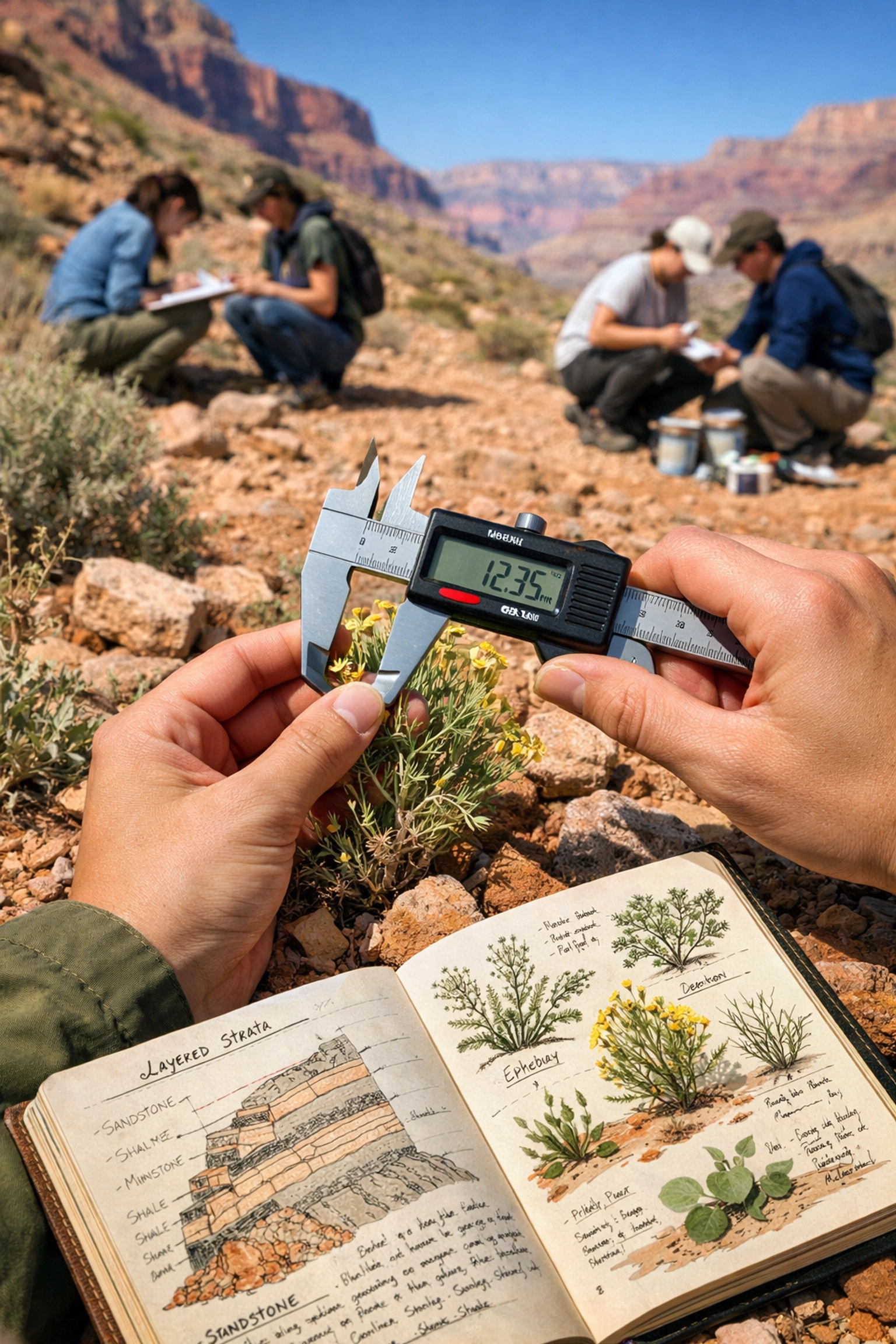 Students performing field science and botanical data collection during a Grand Canyon conservation service trip.