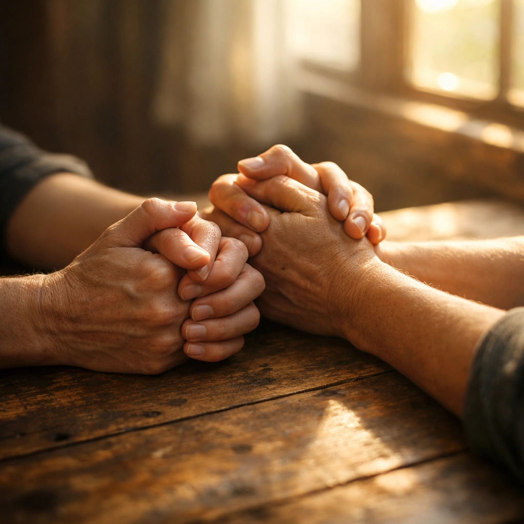 Two people holding hands in prayer offering support and comfort