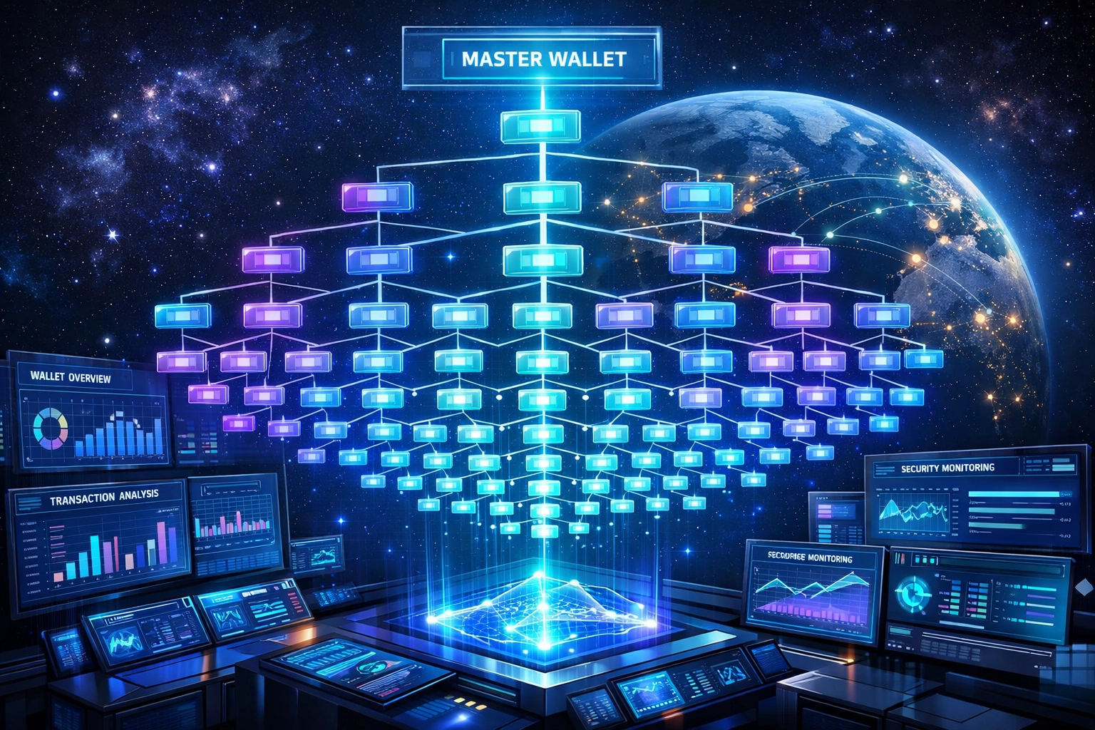 Enterprise master wallet dashboard with hierarchical sub-wallet structure for scalable payment management