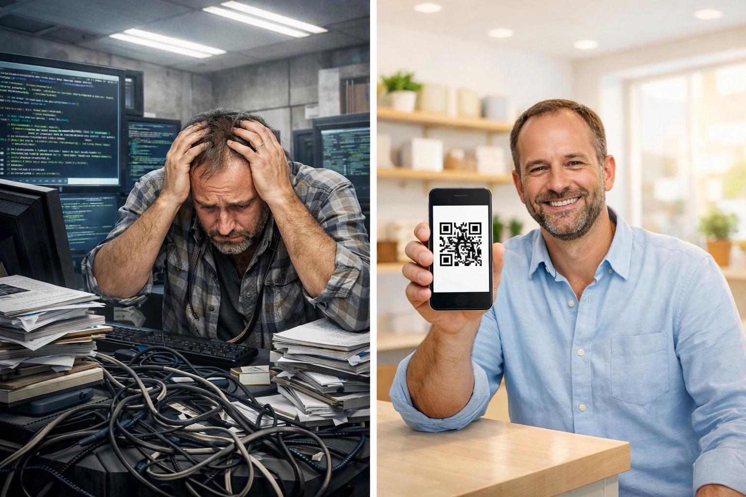 Comparison showing complex crypto payment integration versus simple QR code self-custody merchant setup