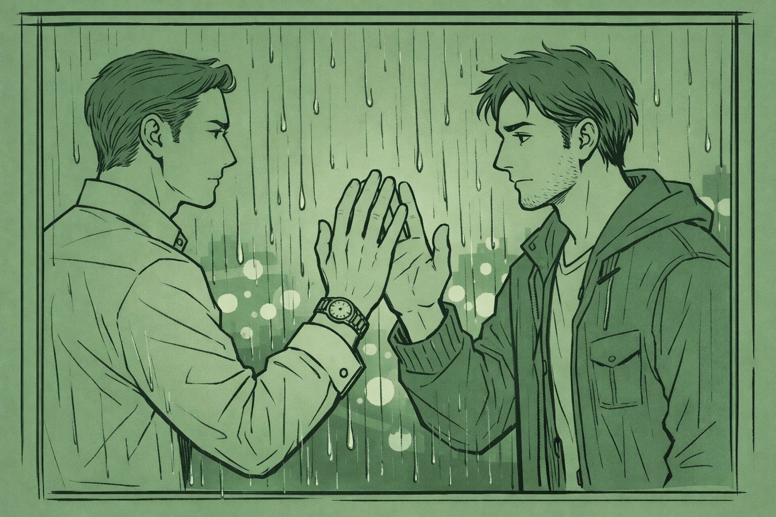 Two men separated by rain-streaked window reaching toward each other - forbidden MM romance