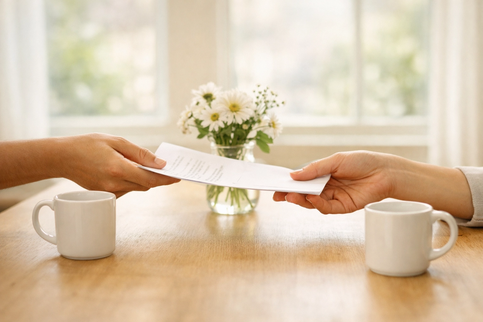 Property manager and tenant professionally exchanging rental documents