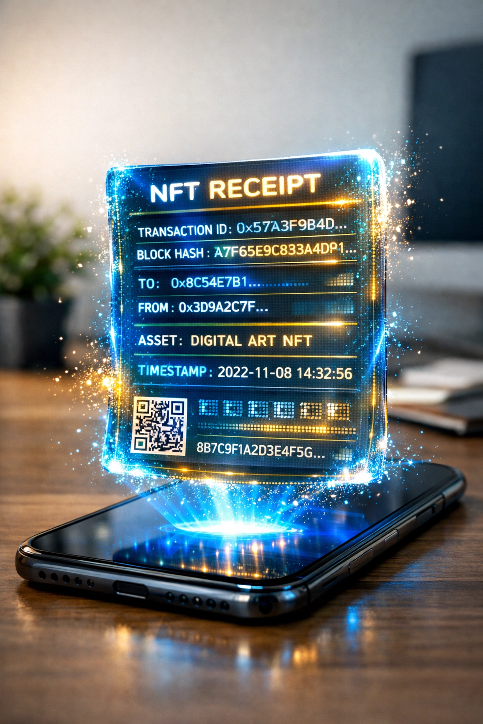NFT receipt on blockchain displaying immutable transaction proof and payment verification