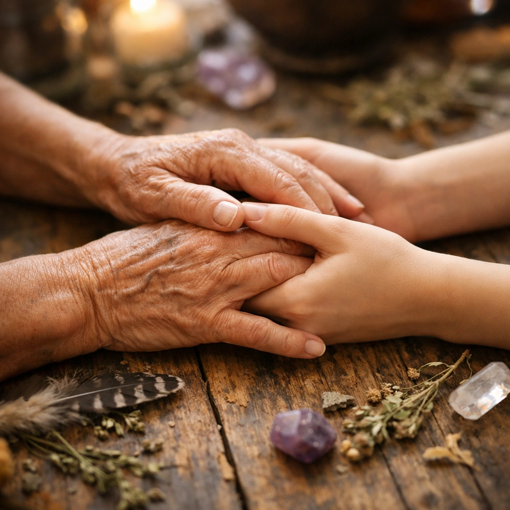 Mother and daughter hands holding during healing ritual with sacred objects