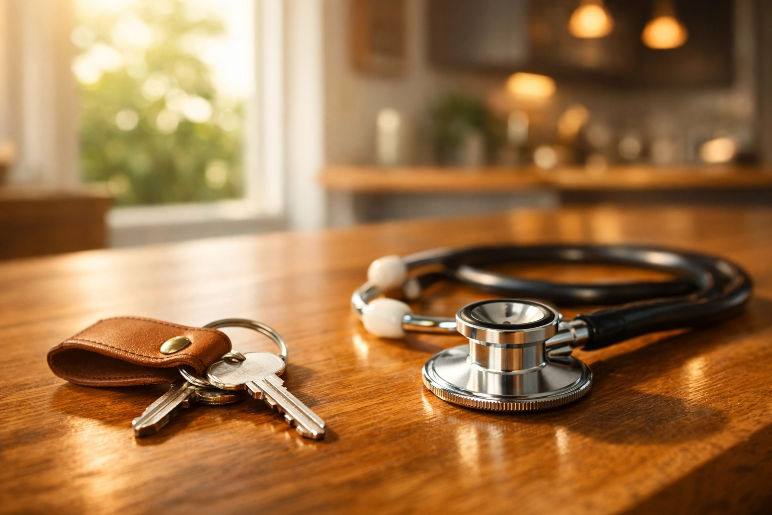 House keys and a stethoscope in a sunlit home, representing real estate perks for Hospice of the Valley staff. House keys and a stethoscope in a sunlit home, representing real estate perks for Hospice of the Valley staff.
