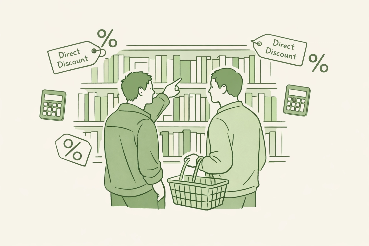 Two men browsing MM romance novels with direct purchase discounts at independent bookstore
