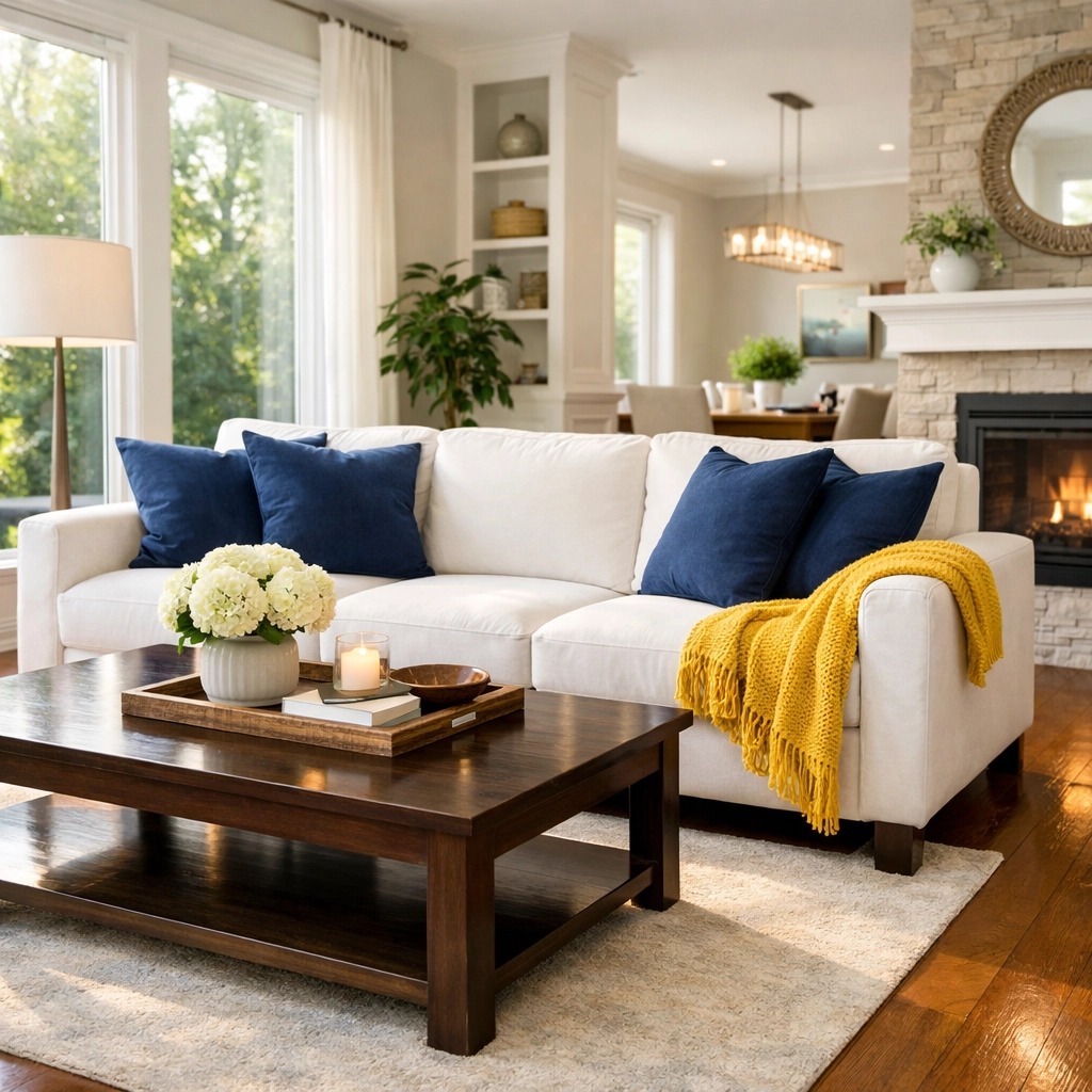 Spotlessly clean residential living room in Massachusetts showcasing professional home cleaning results.