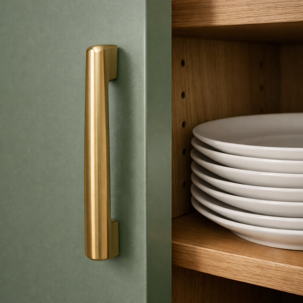 Detailed view of sage green kitchen sideboard storage with adjustable shelves and gold hardware accents.