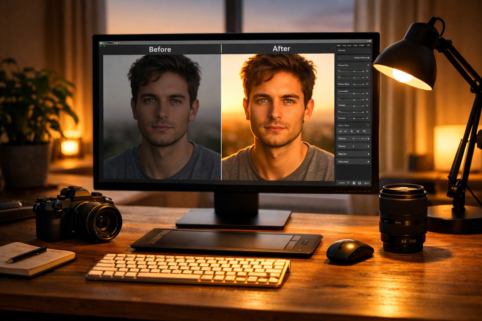 Before and after portrait editing on a computer monitor to refine portrait photography techniques.