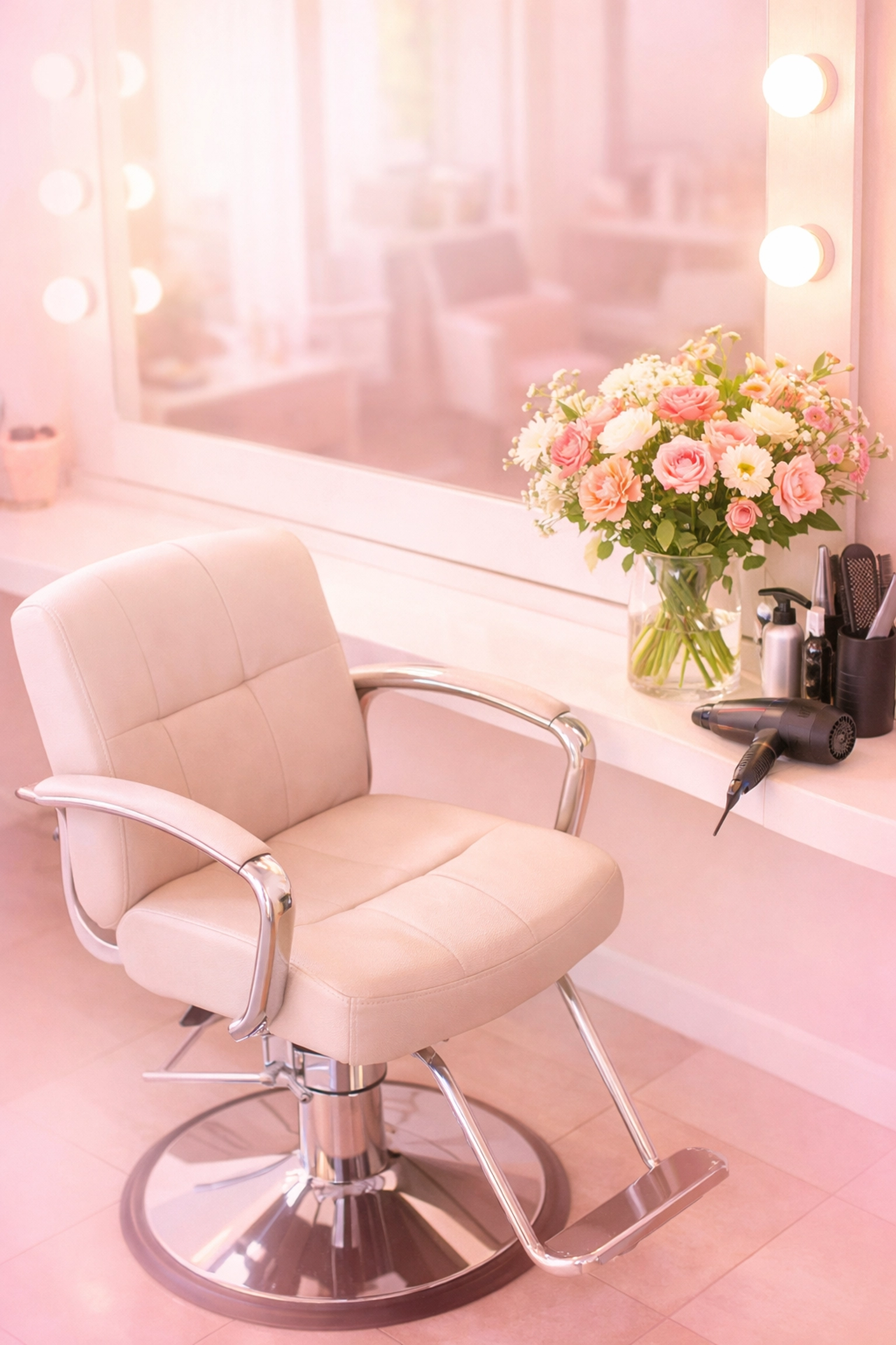 Modern salon chair and mirror at Pelagie Foundation's dignity-focused salon therapy program