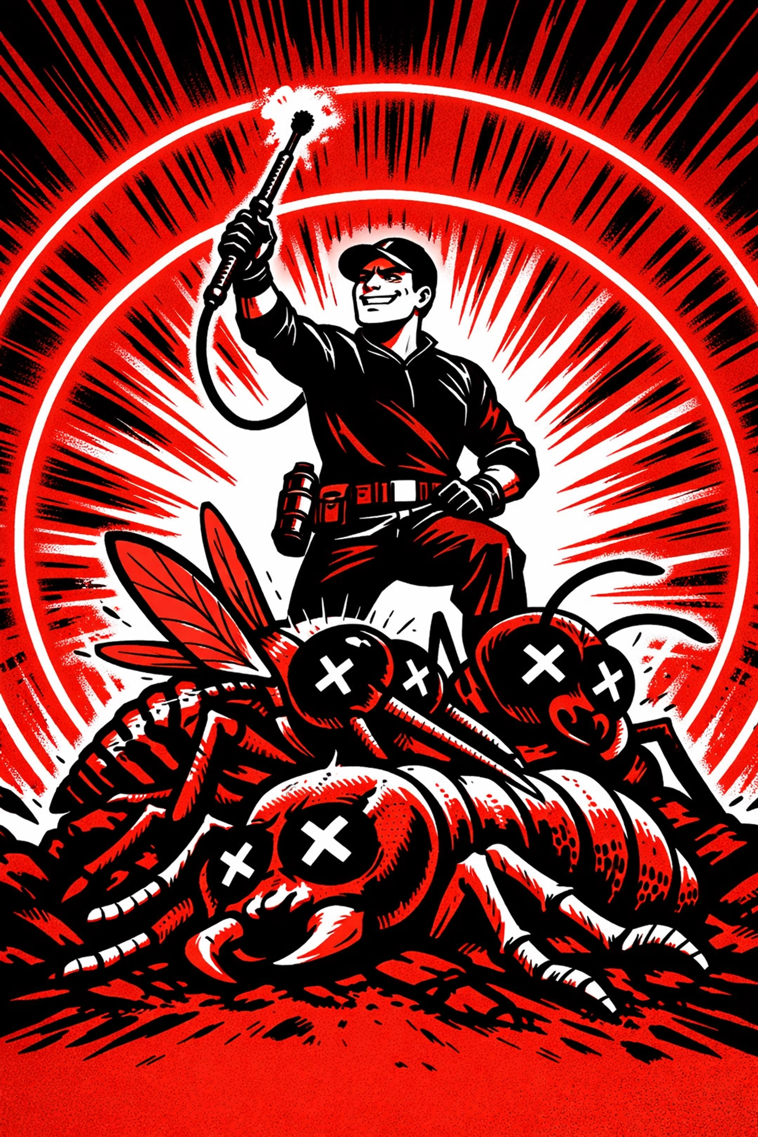 Professional exterminator standing over defeated pests with a 3x3 barrier defense protecting Alabama homes.