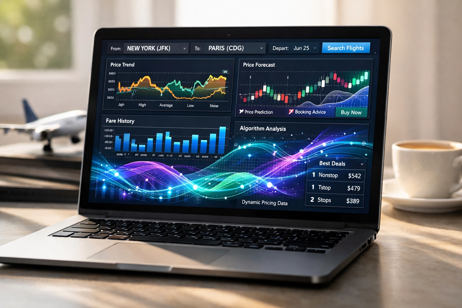 Laptop displaying airline dynamic pricing algorithms and flight price tracking charts