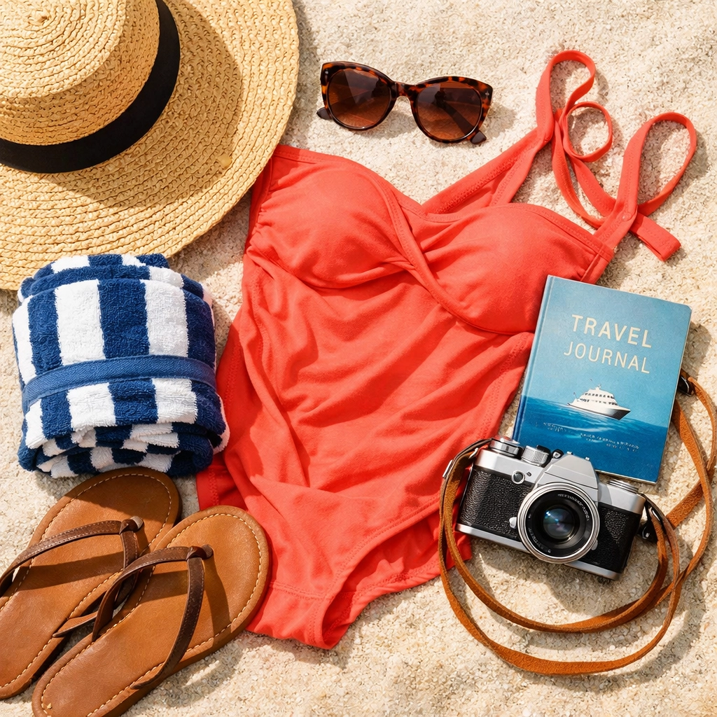 Essential packing items for your first-time cruise holiday including a sun hat and swimwear.