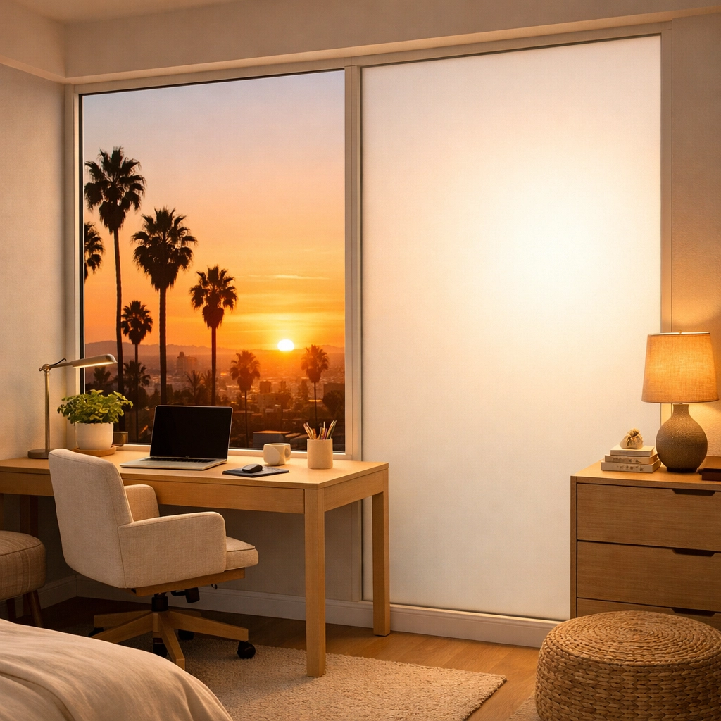 Switchable smart glass in LA home showing clear and frosted privacy modes side by side