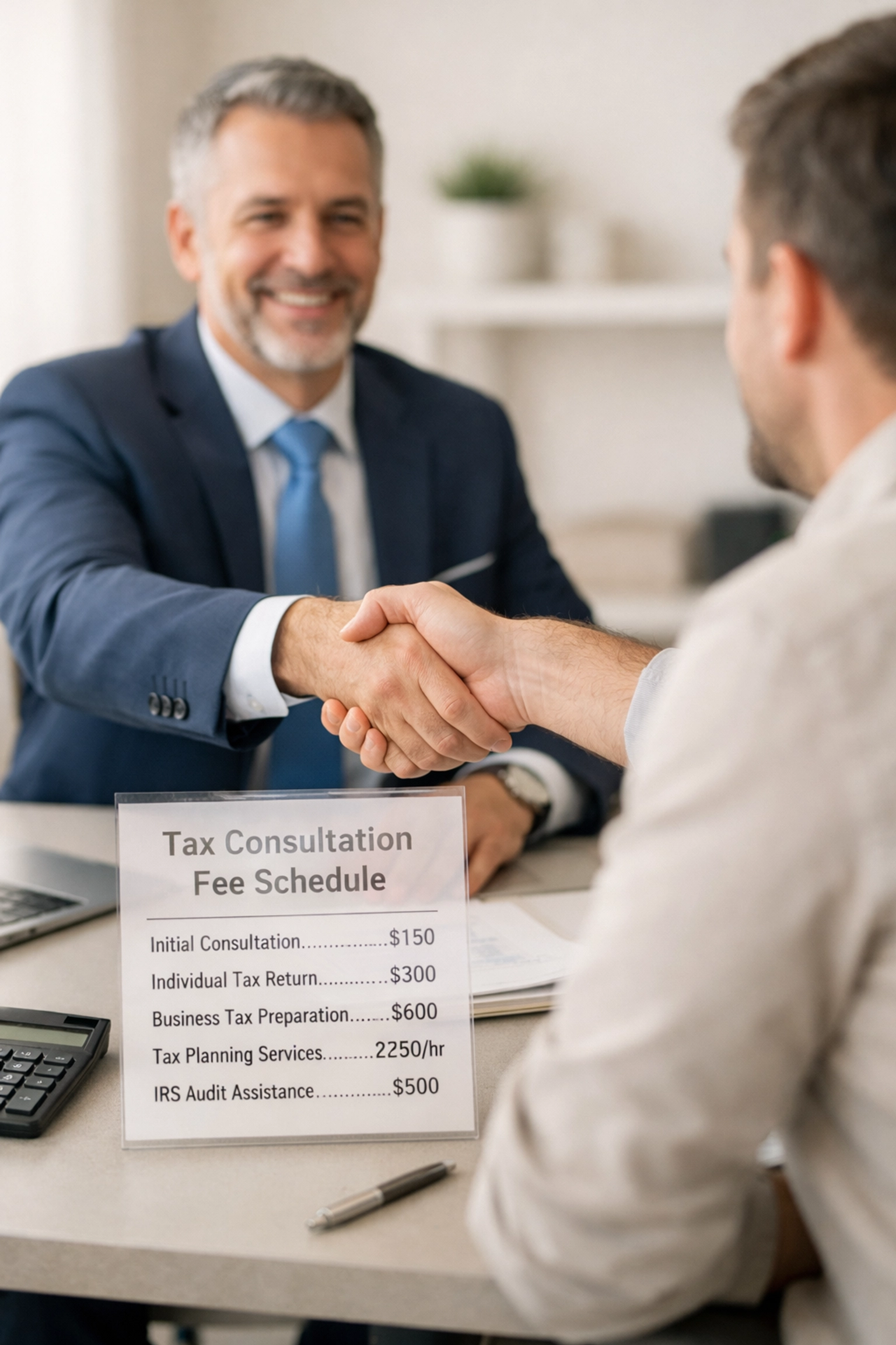 Tax professional and client shaking hands over transparent fee agreement in modern office