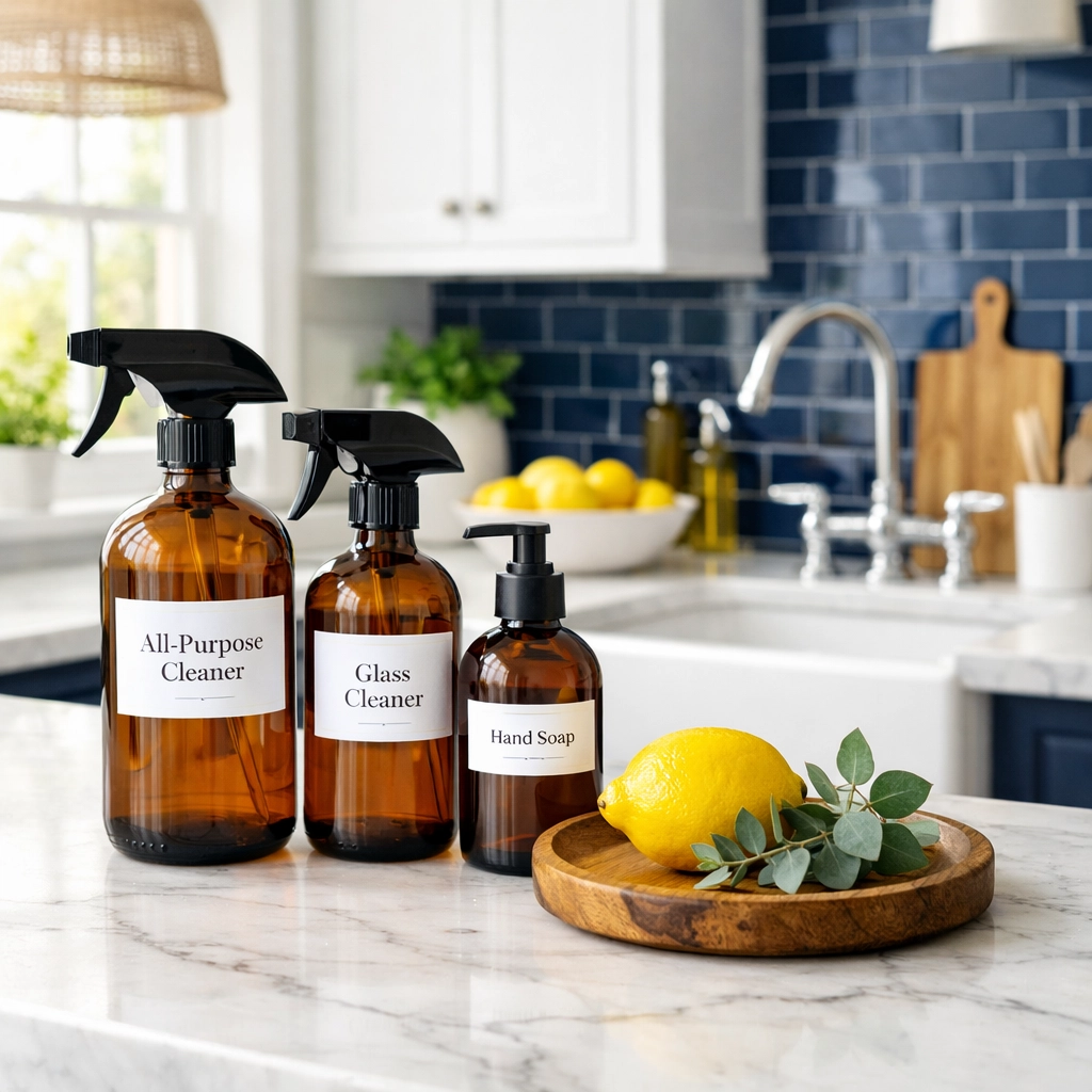 Eco-friendly house cleaning products in a sunny Leominster kitchen with natural spray bottles and citrus.