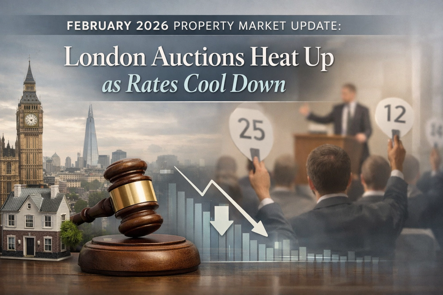 London property auctions in February 2026: a modern London skyline with a subtle auction gavel overlay in muted tones