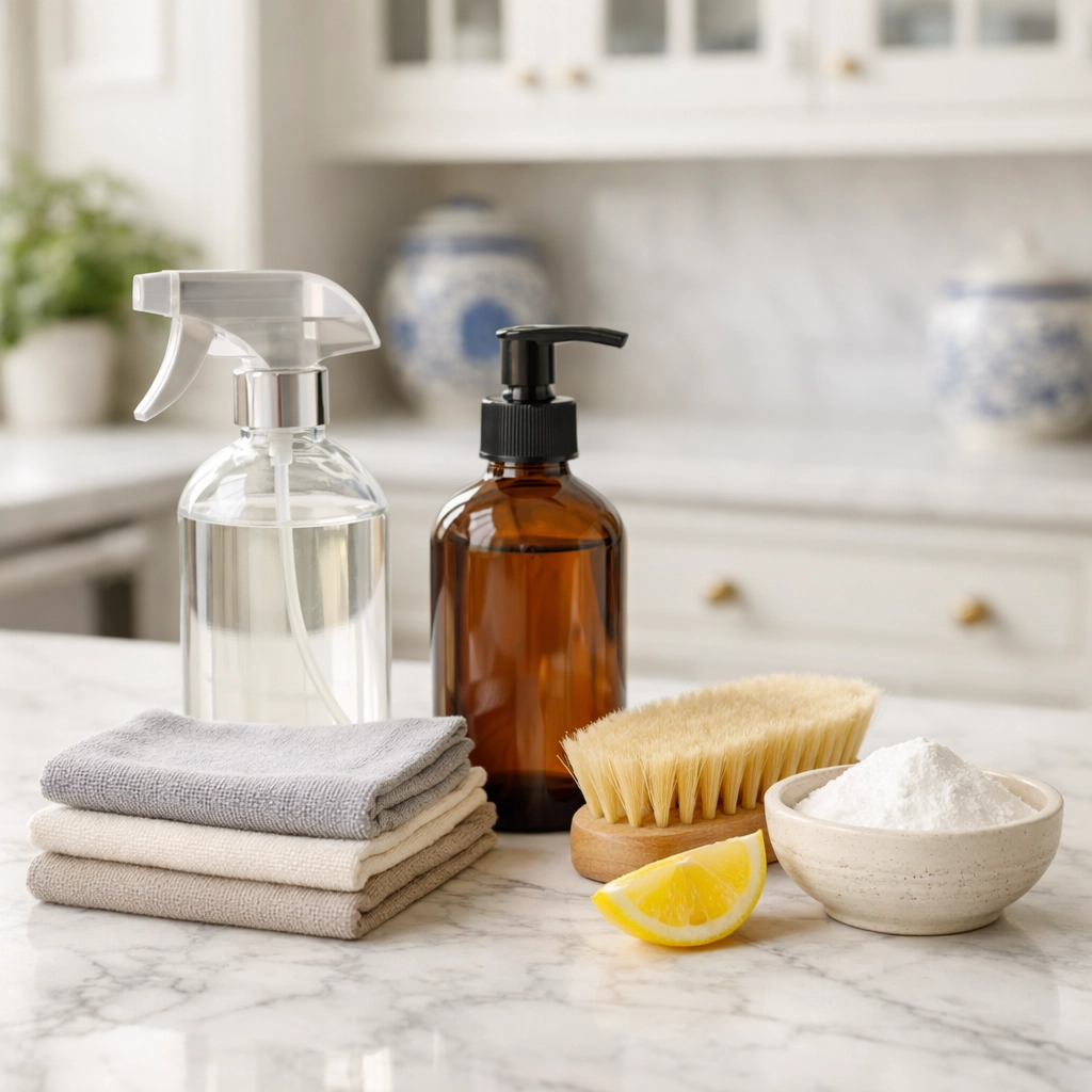 Eco-friendly and non-toxic supplies used for luxury house cleaning Winchester MA on a marble surface.