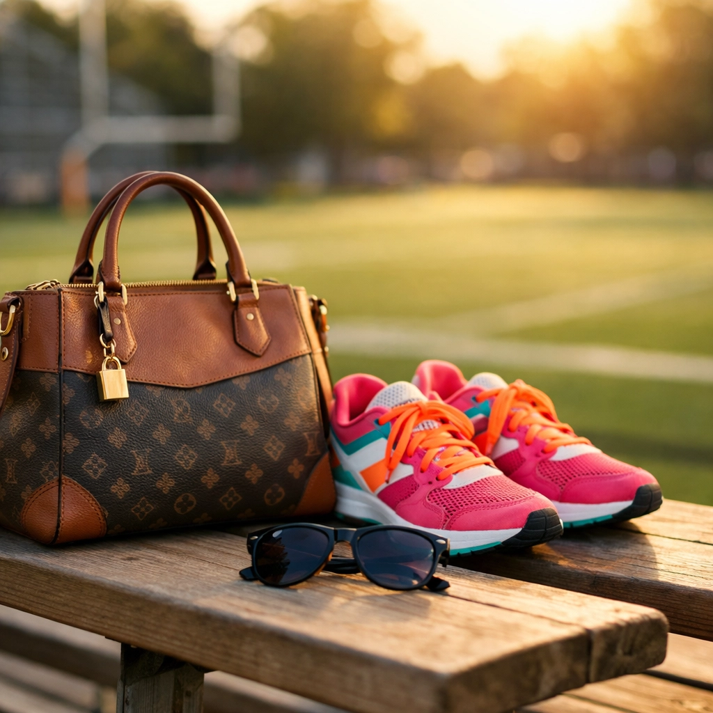 Designer handbag and athletic sneakers on stadium bleachers showing a balanced healthy lifestyle.