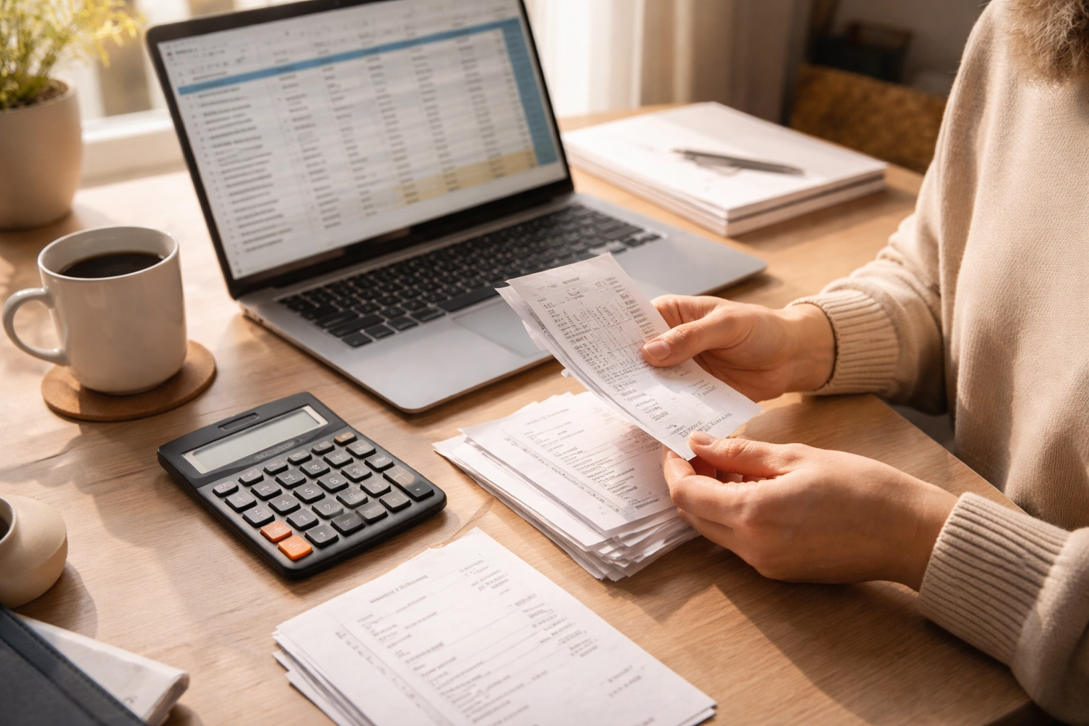 Hands organizing financial paperwork at home, illustrating money management for divorce and security clearance in Fredericksburg.