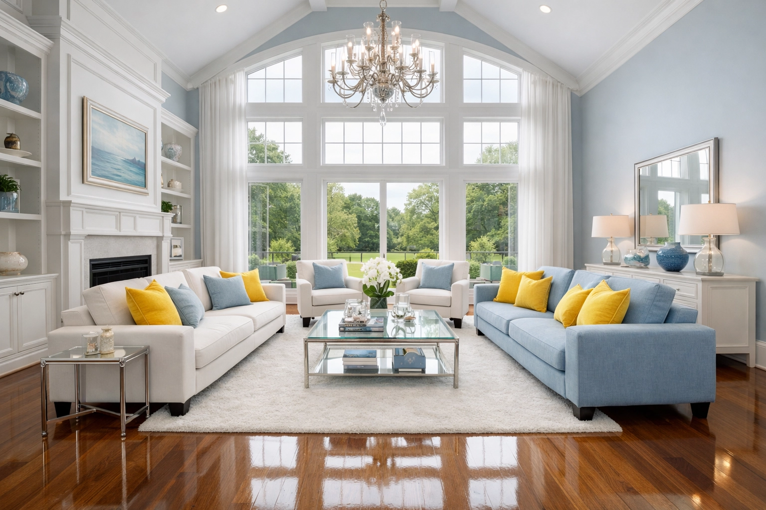 Spotless Wellesley living room with polished hardwood floors and professional cleaning results.