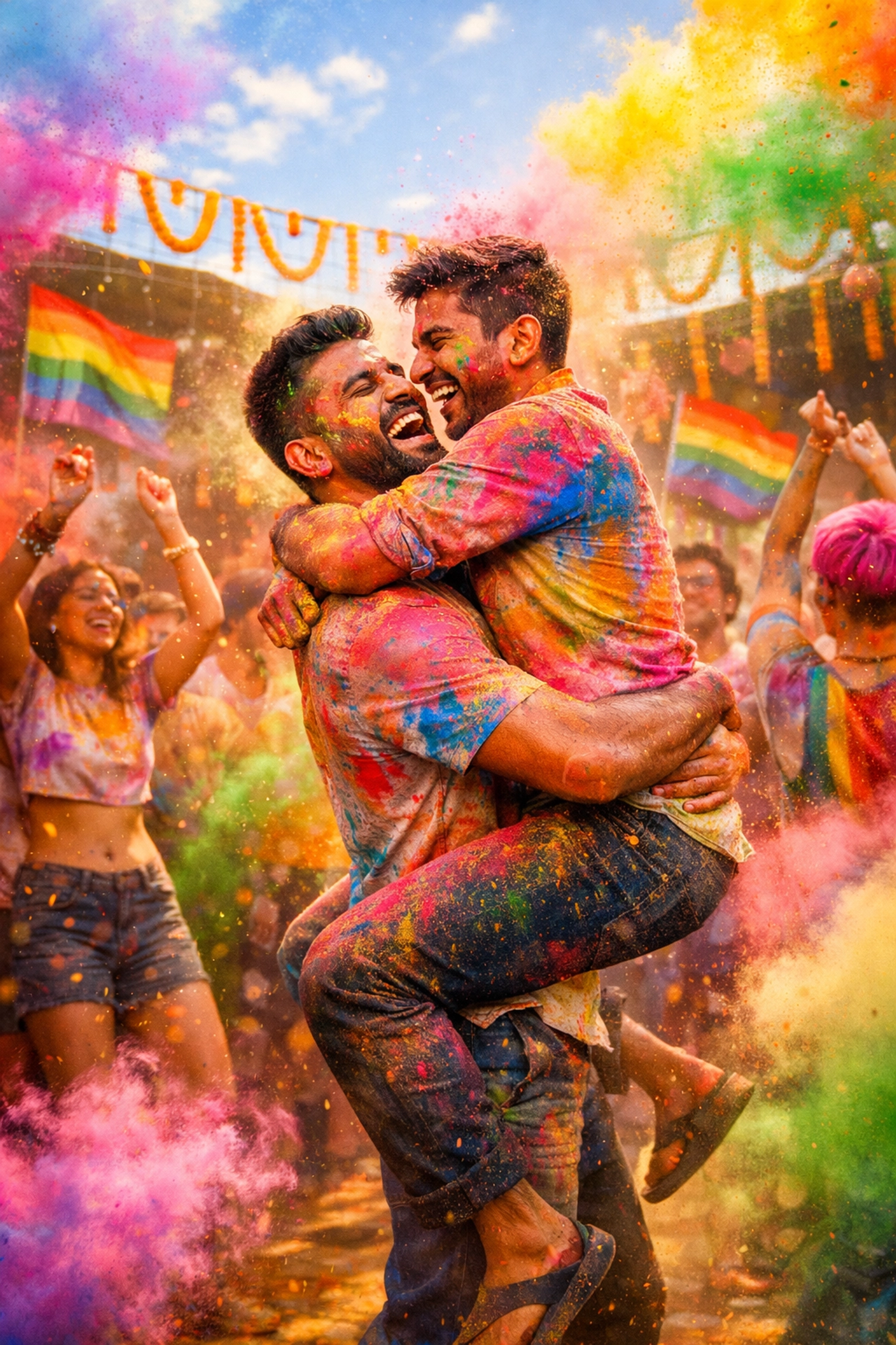 LGBTQ+ community celebrating Holi with colored powder and pride flags in India