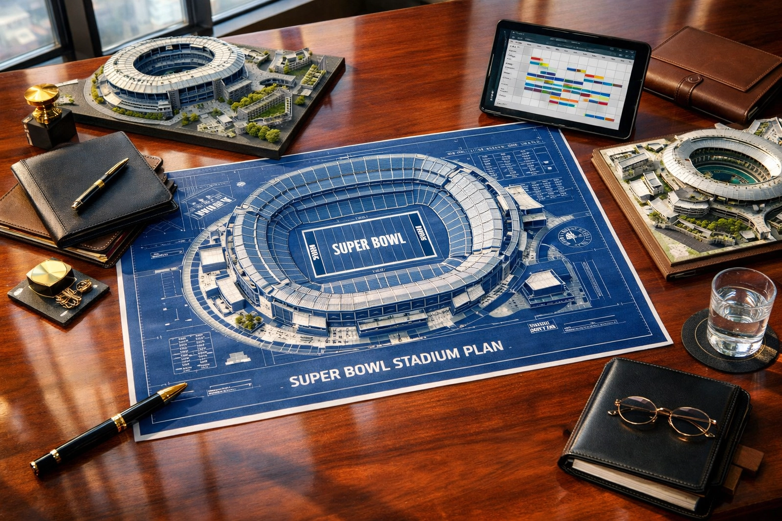 Executive Super Bowl planning session with stadium blueprints and strategic travel documents