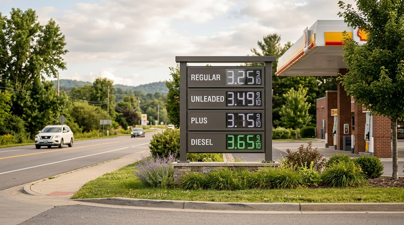 Professional gas station pump and fuel price board in natural daylight