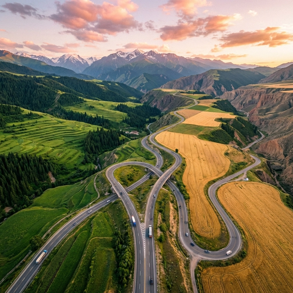 Aerial view of a winding road through varied landscapes depicting portfolio diversification strategies