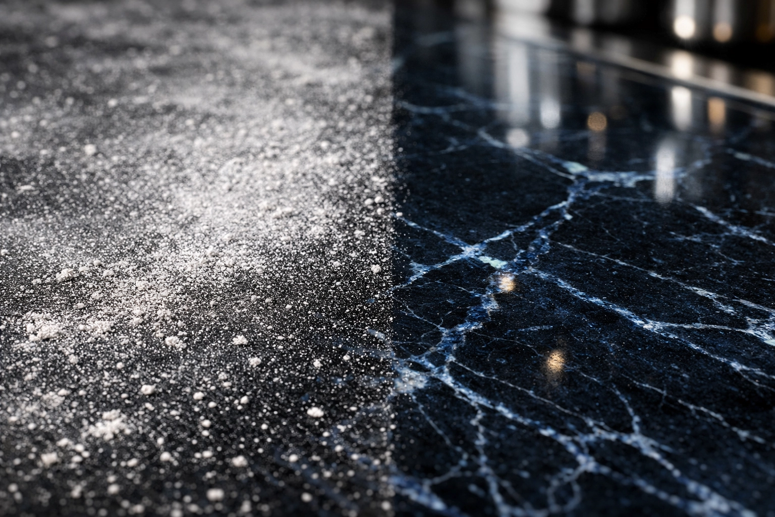 Detail of construction dust vs. polished navy marble in a luxury Carlisle kitchen.