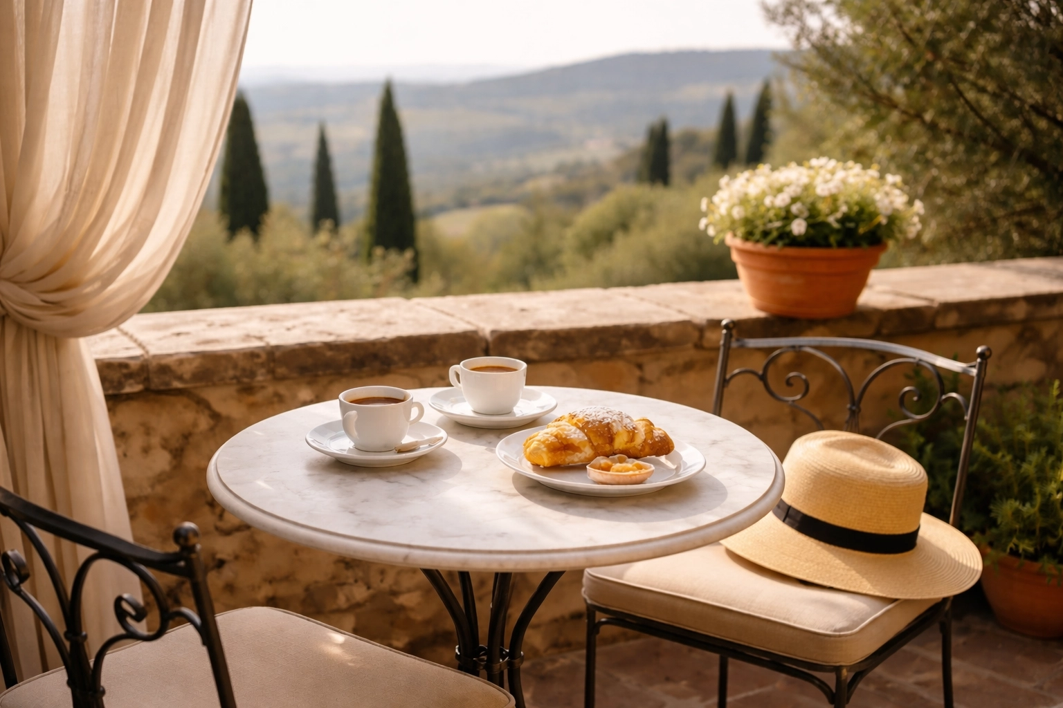 Boutique Italian villa terrace with breakfast overlooking Tuscan hills, embodying slow travel luxury Italy vacations