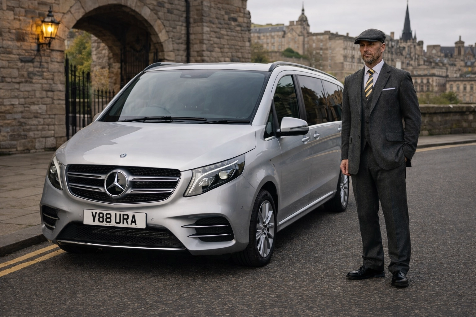 Professional chauffeur in grey tweed with a silver Mercedes-Benz in historic Edinburgh.