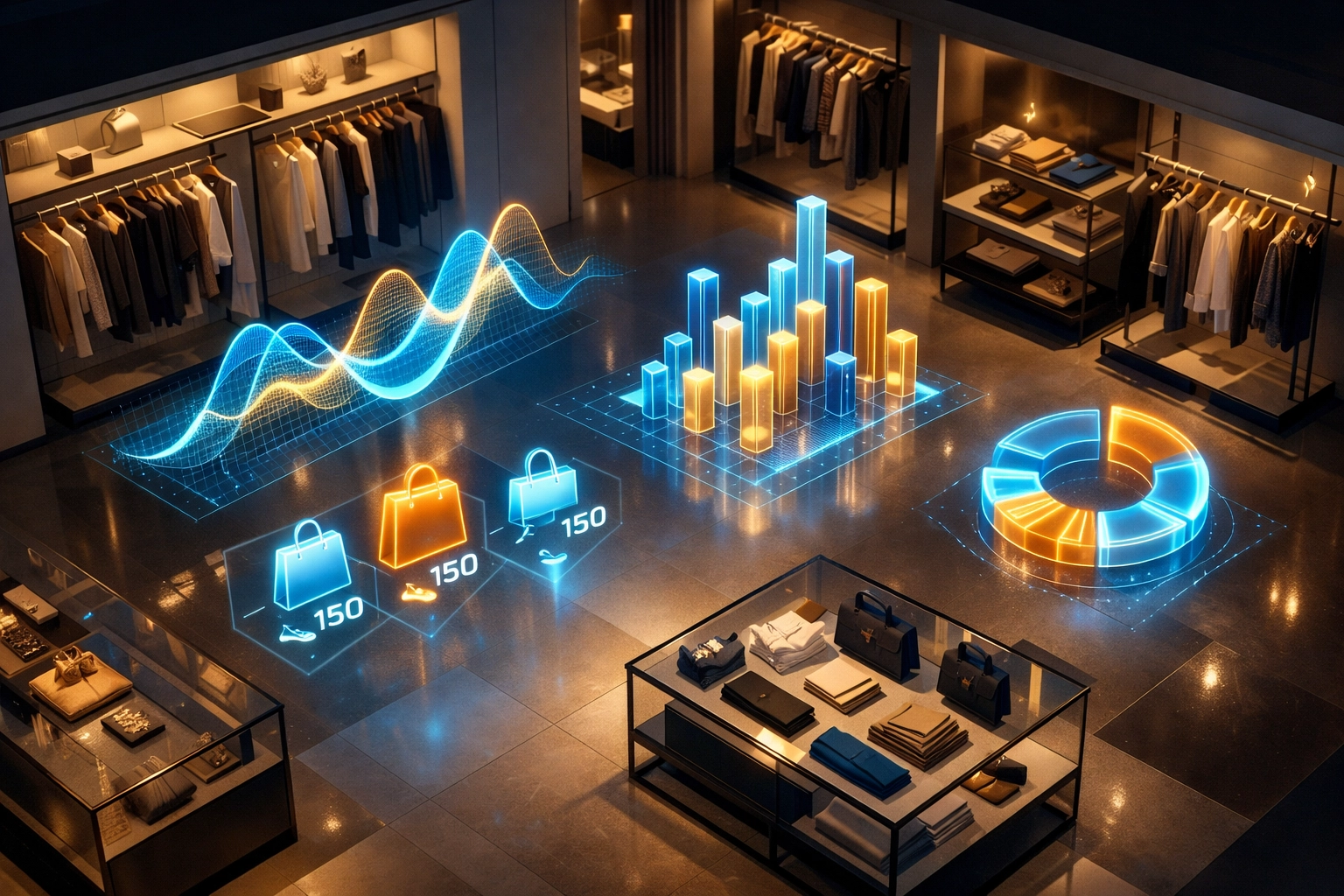 Larecoin merchant portal holographic sales data and inventory icons for real-time business forecasting.