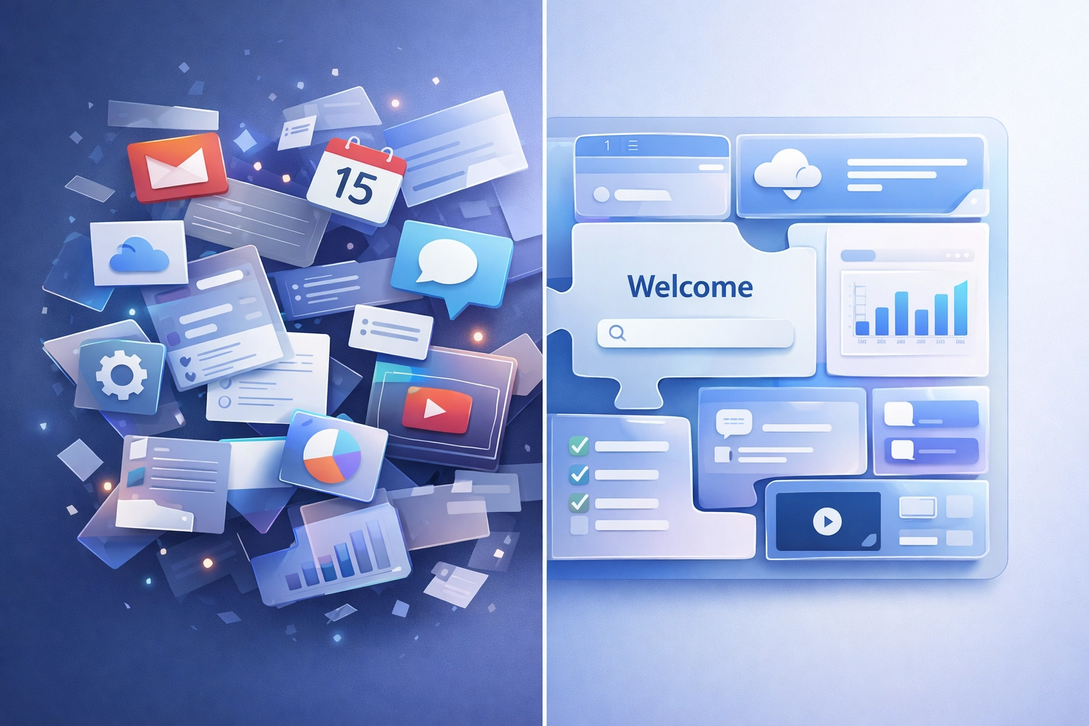 Before and after comparison showing fragmented tools transforming into unified client portal