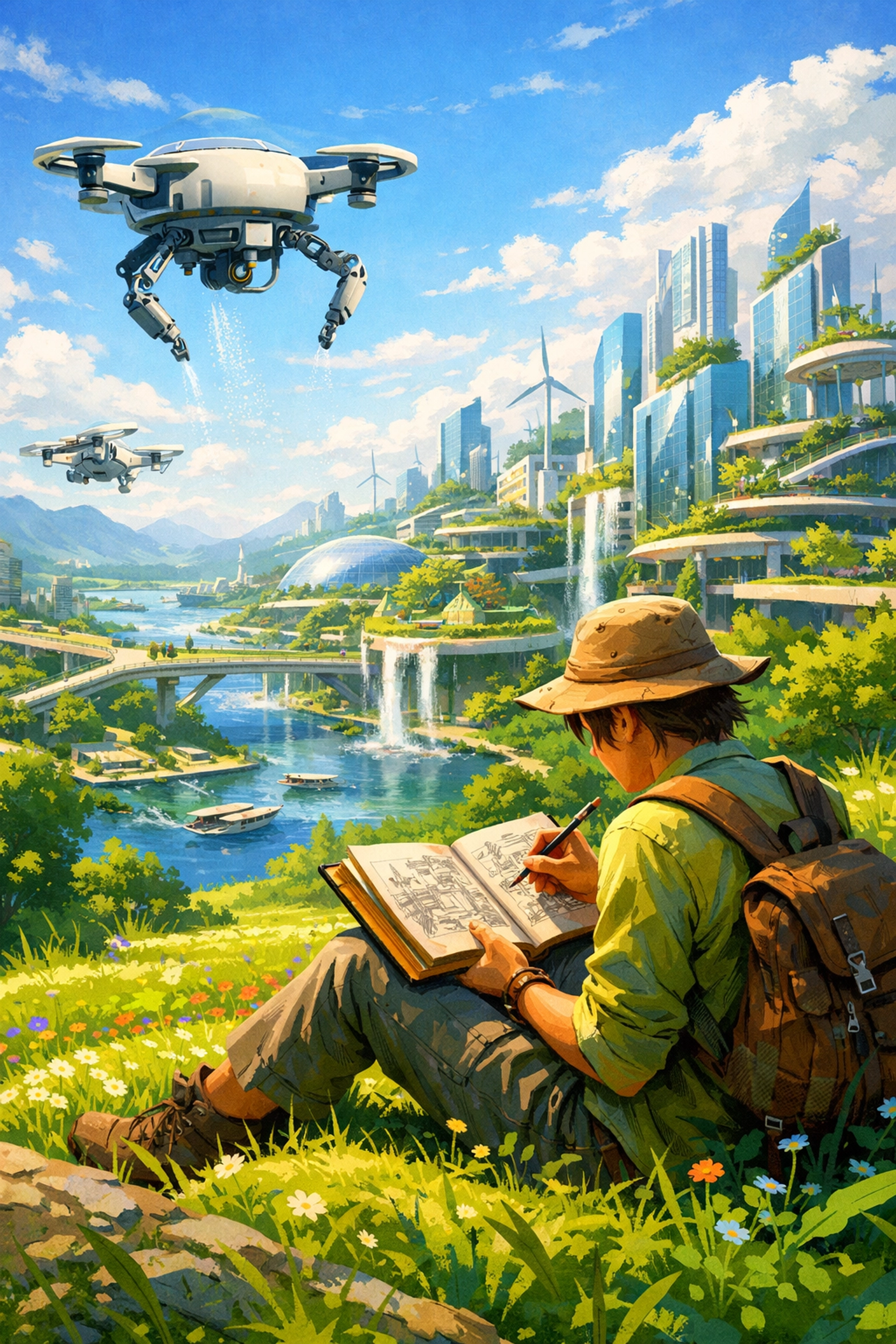 A creative professional focusing on human-centric skills in a balanced high-tech future landscape.