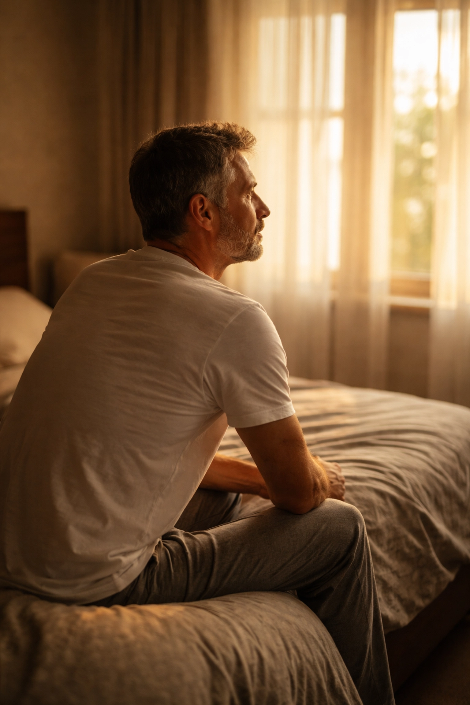 Középkorú férfi ül az ágy szélén reggeli fényben, gondterhelten merevedési zavar problémával szembesülve.