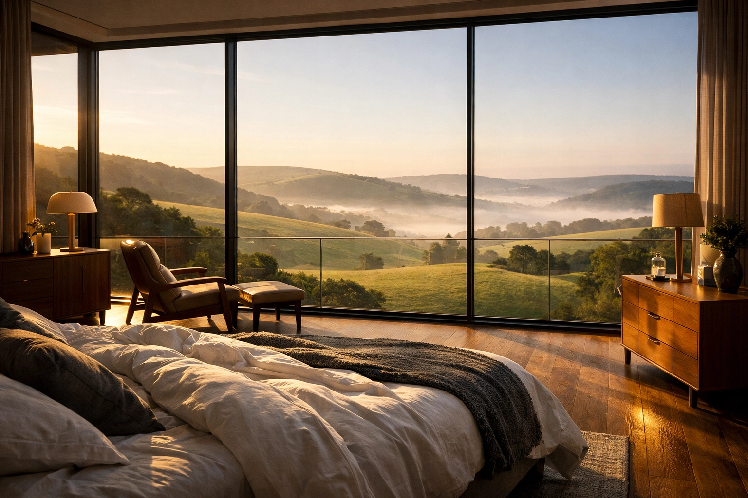 Luxury second-floor master suite in Chichester with floor-to-ceiling windows overlooking the South Downs.