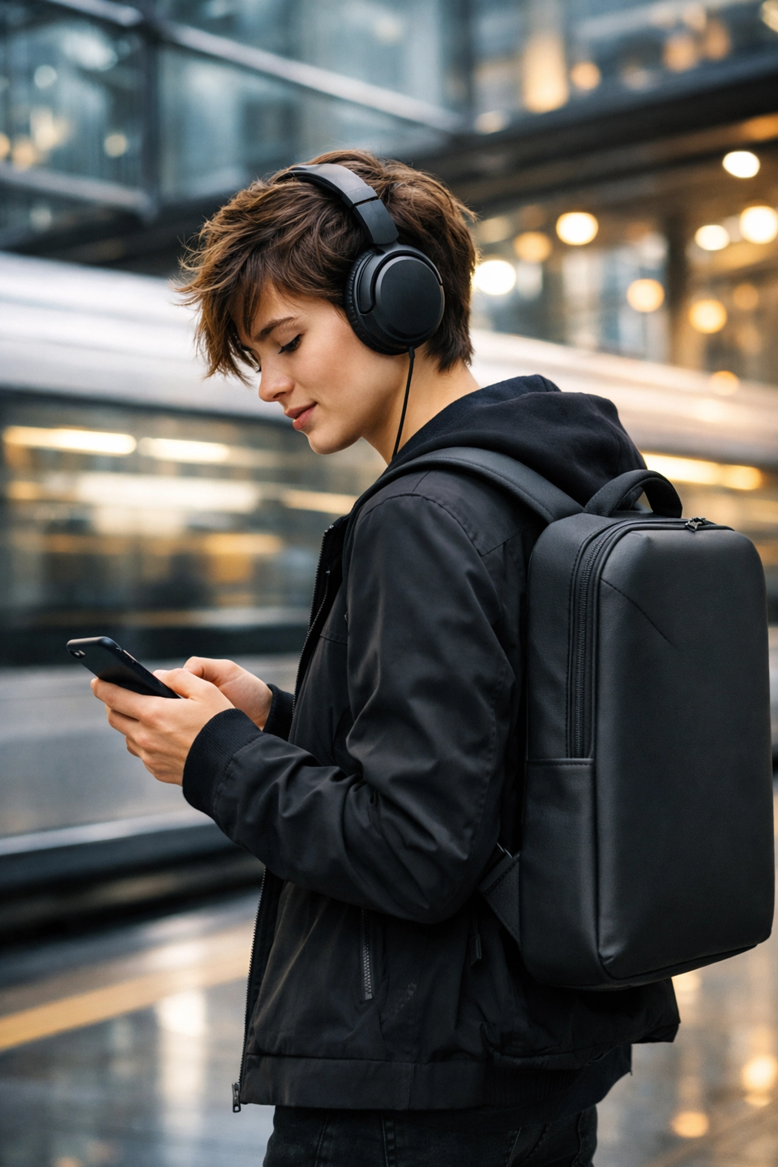 Music listener with headphones and minimalist backpack illustrating a digital music industry consulting funnel.