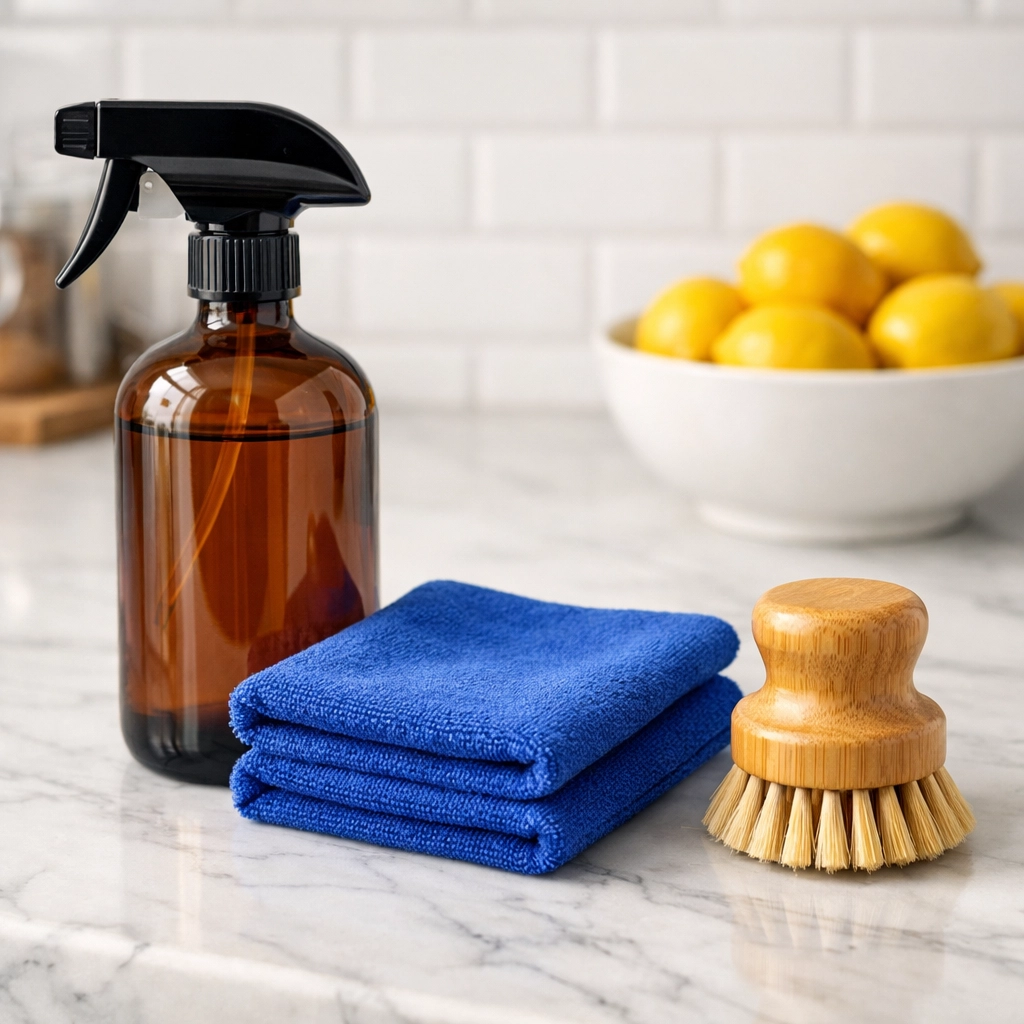 Eco-friendly residential cleaning supplies on a clean white marble countertop for a healthy North Andover home.