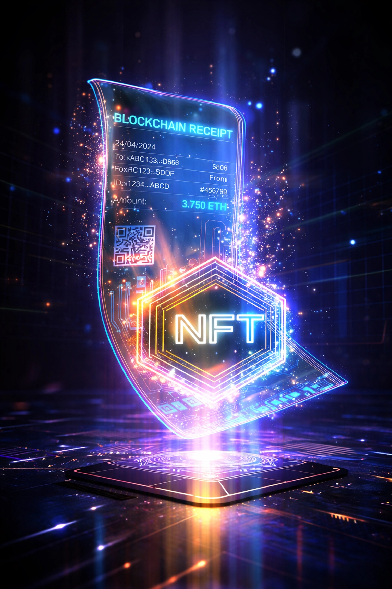 Glowing blockchain NFT receipt illustrating Larecoin's Web3 payment innovation and self-custody advantages