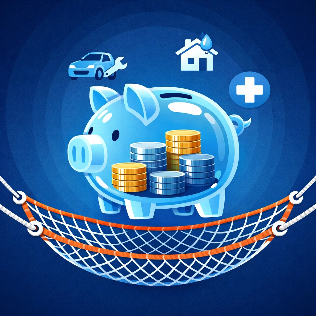 Emergency fund piggy bank with safety net protecting family from unexpected expenses