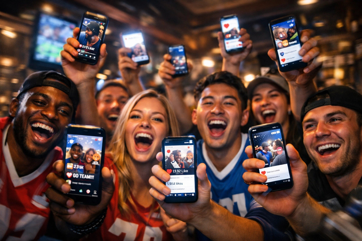 Sports fans engaging and sharing Super Bowl ad content on smartphones at viewing party