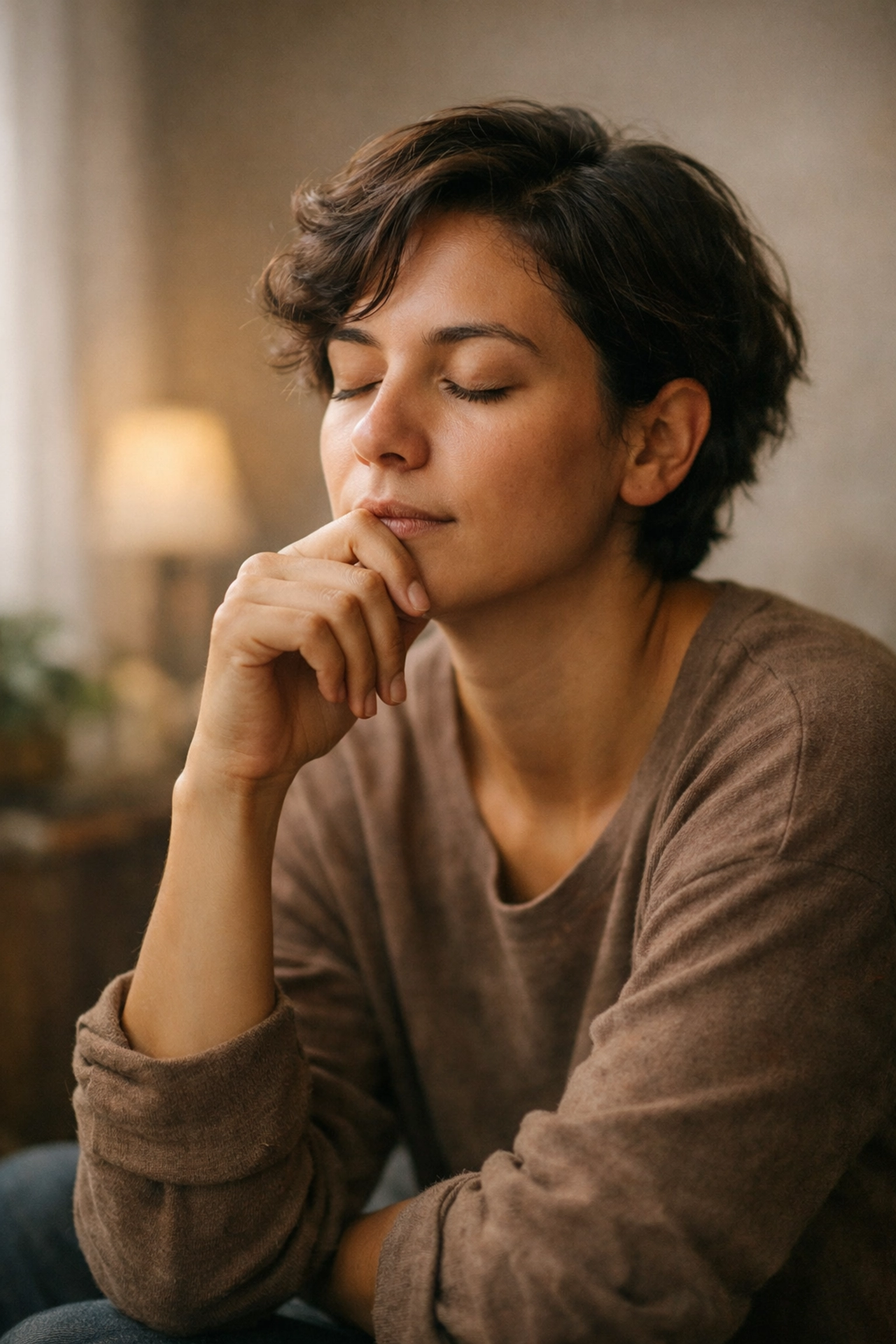 Person taking a calming breath while maintaining composure during difficult conversation