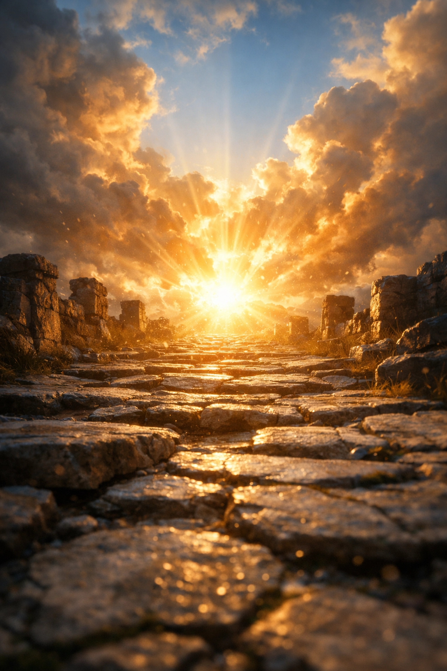 Stone pathway leading toward golden divine light representing Jesus Christ as God